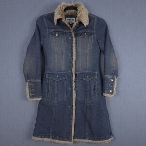 Vintage Charles Klein Y2K Denim Jacket Womens Small Faux Fur Lined‎ Boho Trench
